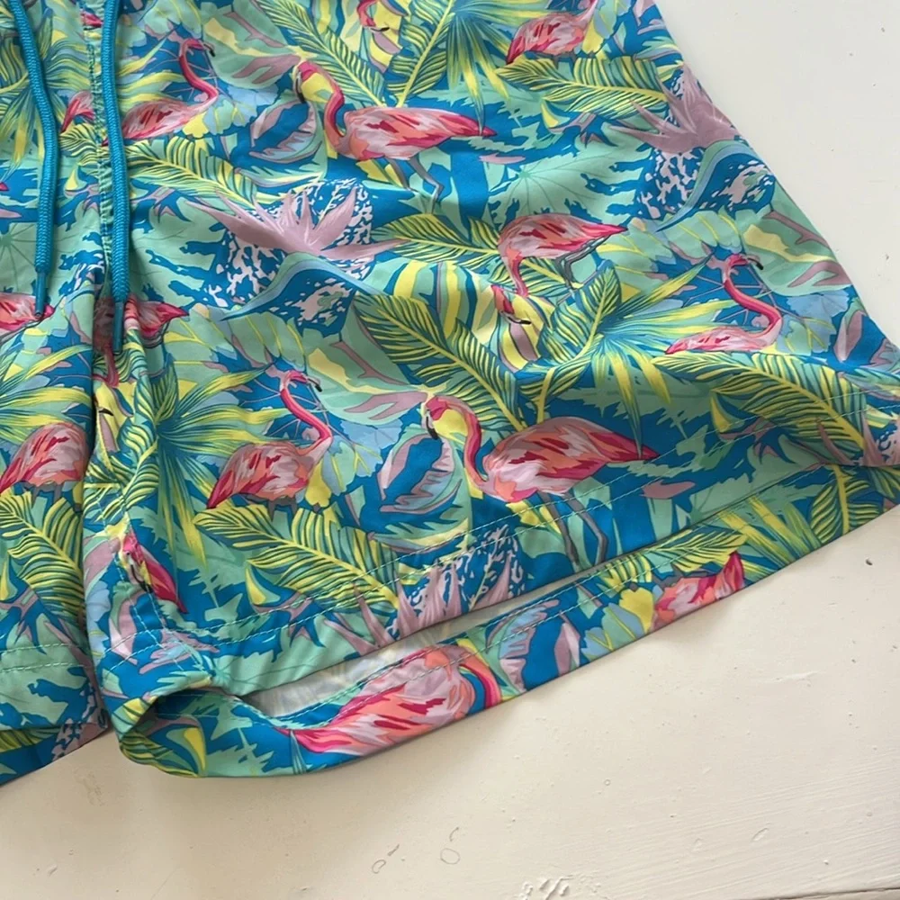 George Medium Multicolor Tropical Flamingo Elastic Waist Board Shorts/Swim Trunk